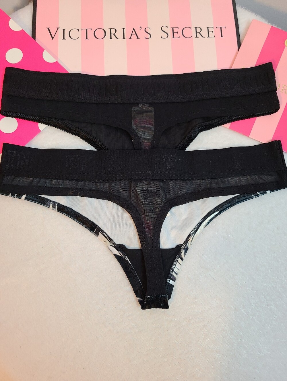 Retired VS PINK 2pk Soft Velvet Logo Band Full Cut Thong Panties Size M - Picture 3 of 5